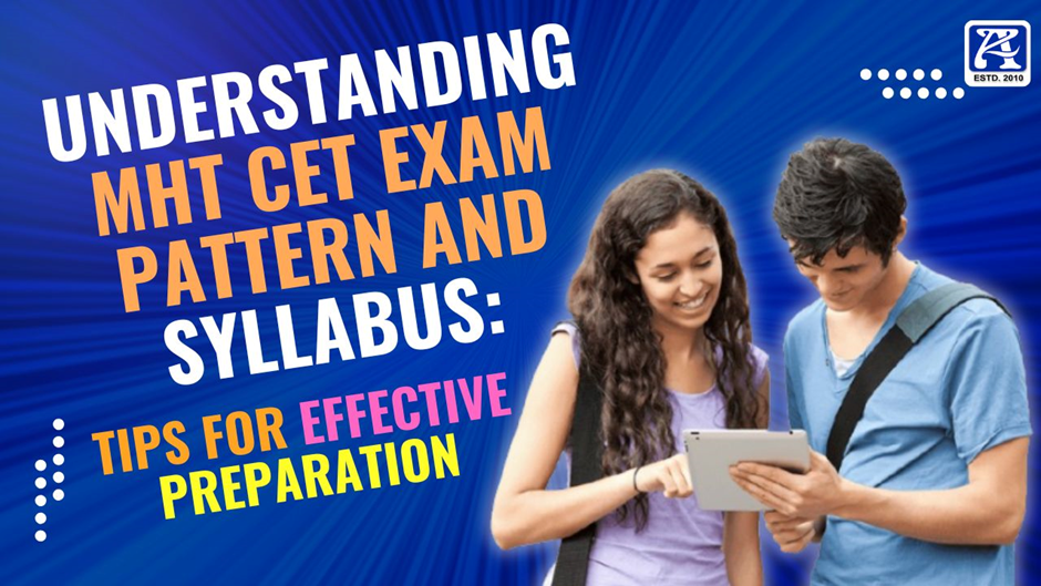 Two students reading from a tablet, with the text 'Understanding MHT CET Exam Pattern and Syllabus: Tips for Effective Preparation' displayed against a blue background. ASQUARE Classes logo is visible in the top-right corner.